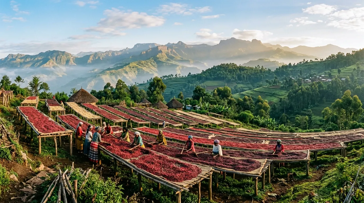 Ethiopian coffee raised drying beds