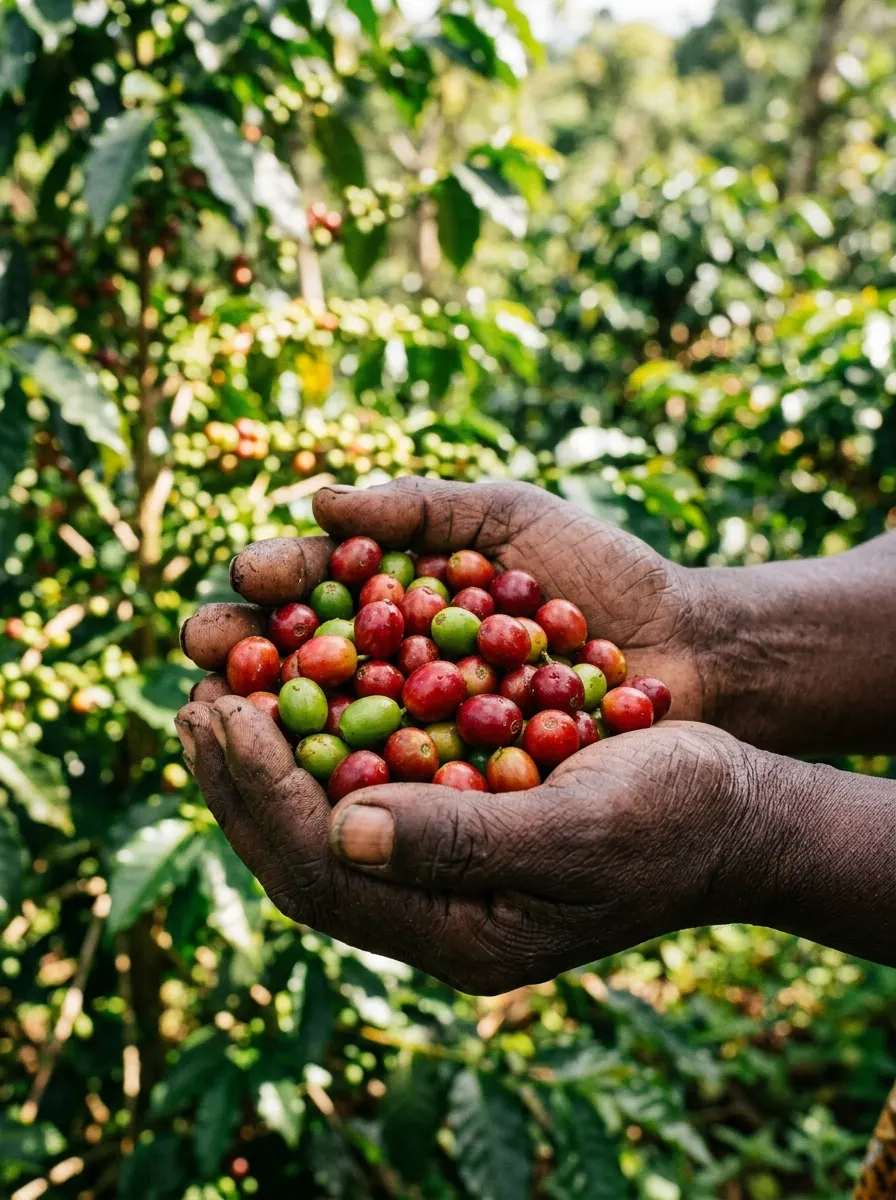 Hands holding fresh coffee cherries