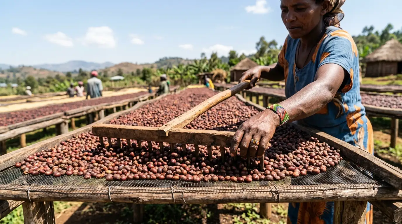 Harrar coffee sundried drying beds