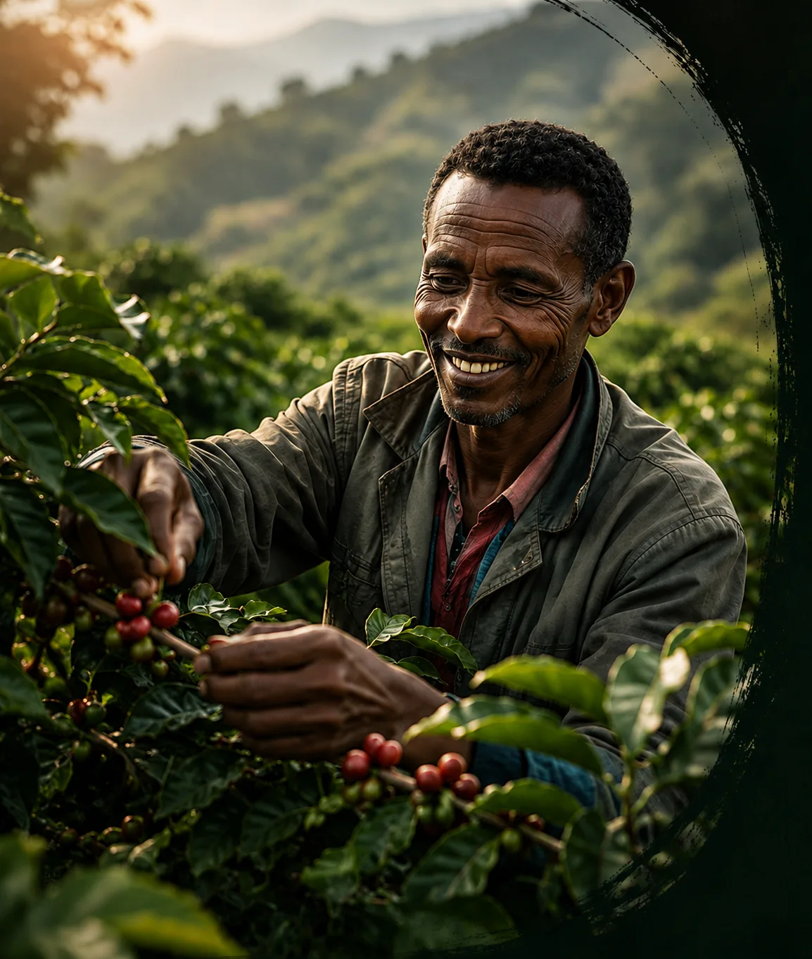 Ethiopian farmer handpicking ripe coffee cherries at golden hour